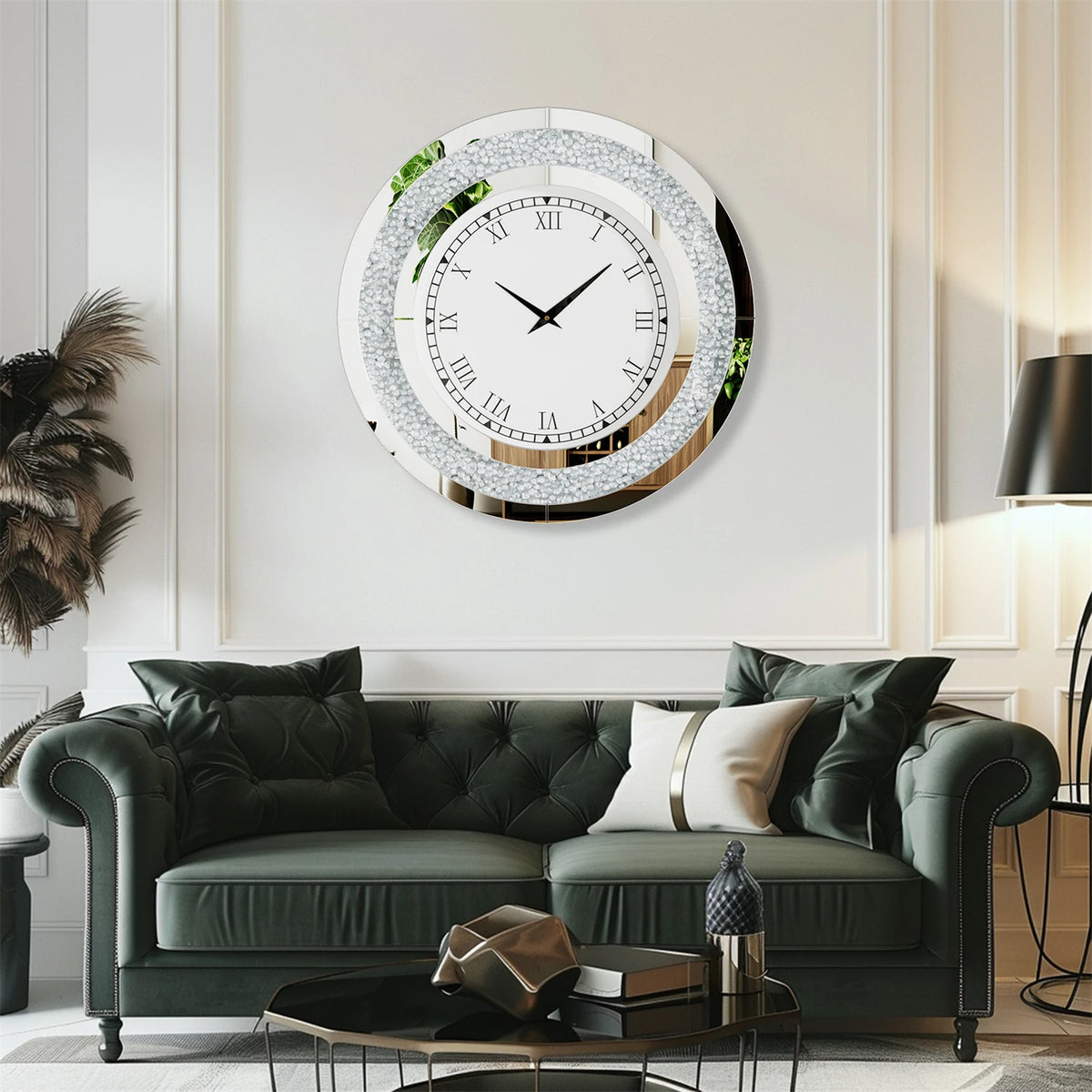 A Modern Luxury Roman Numerals Wall Clock hangs above a dark green tufted sofa in an elegantly decorated living room with modern accents.