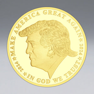 The Trump Commemorative Coin from the Save America Legacy Collection is gold-colored, featuring Donald Trump's side profile and inscribed with "MAKE AMERICA GREAT AGAIN 2024" and "IN GOD WE TRUST" around the edge.