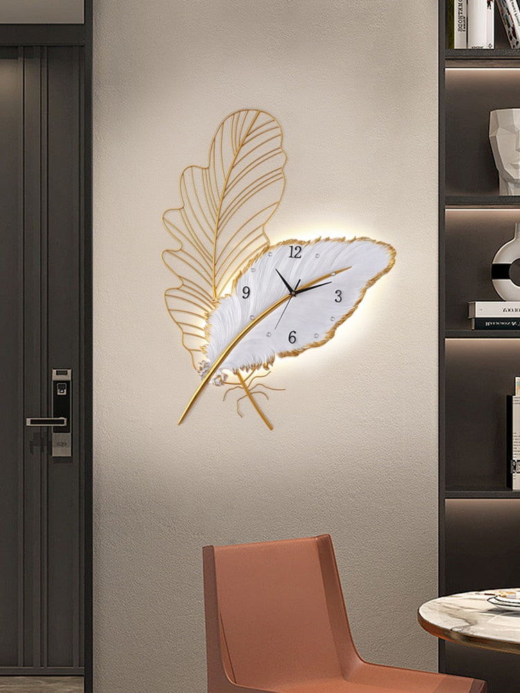 wall clock light | wall clock that lights up at night | oversized illuminated wall clock | illuminated wall clock | feather light fixture | feather art | feather art | metal feather wall decor | feather wall light | large metal feather wall art | 3 piece feather wall art | feather wall sconce