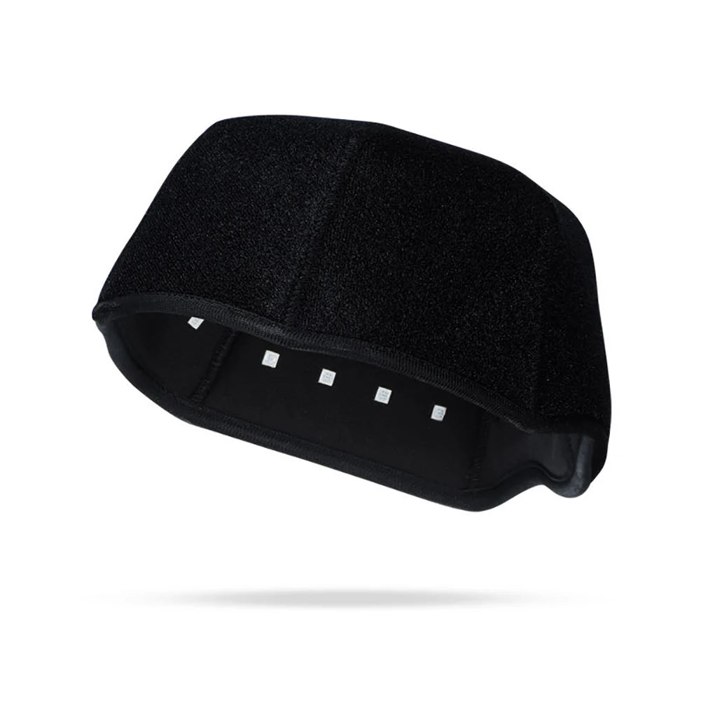 Black red light therapy cap for hair growth on white background, soft fabric skull cap shape with red LED lining visible inside the rim.