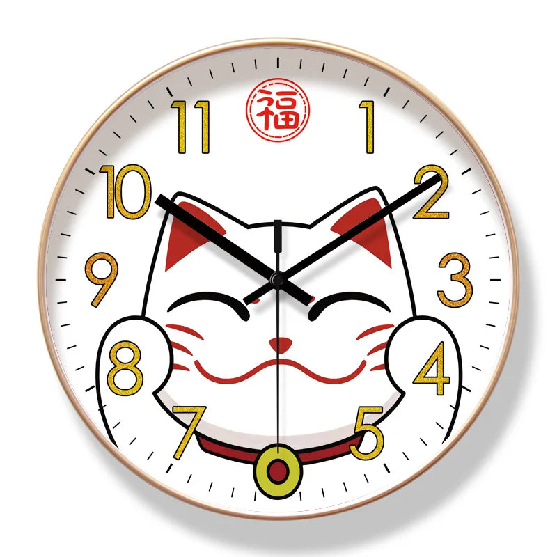 The Cartoon Cat Wall Clock features a white face with a smiling lucky cat, gold numbers, black hour and minute hands, and a red second hand—ideal as playful Maneki-neko decor or a lucky charm for any room.
