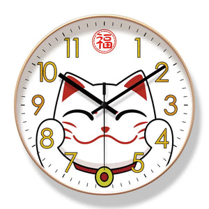 The Cartoon Cat Wall Clock features a white face with a smiling lucky cat, gold numbers, black hour and minute hands, and a red second hand—ideal as playful Maneki-neko decor or a lucky charm for any room.