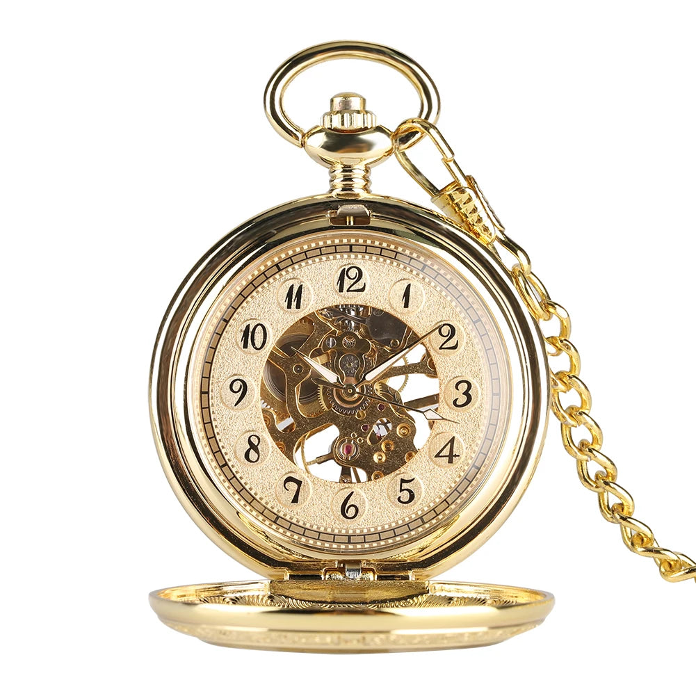 The Premium Golden Pocket Watch features a skeleton dial with visible gears, ornate detailing, black numerals, an open cover, and comes with a matching golden chain.