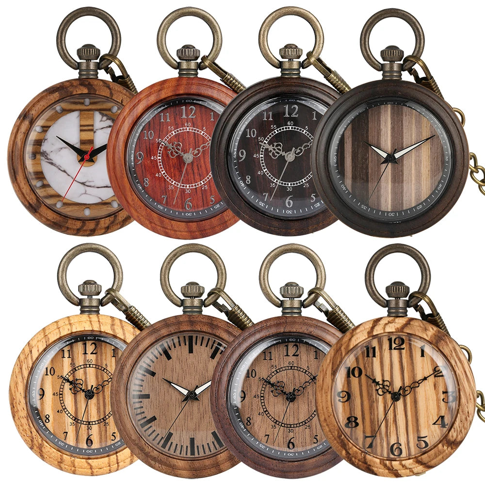 Eight Wooden Pocket Watches with assorted wood-patterned faces and unique clock designs are displayed in two rows against a white background.