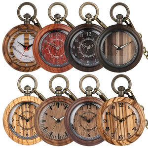 Eight Wooden Pocket Watches with assorted wood-patterned faces and unique clock designs are displayed in two rows against a white background.