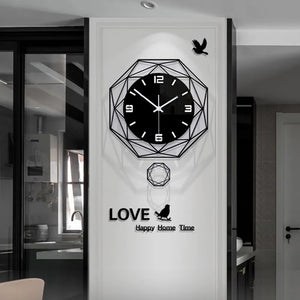 The Minimalist Polygon Wall Clock, crafted from black metal with a geometric design and small pendulum, elegantly displays "LOVE" with "Happy Home Time" against a sleek black and white kitchen backdrop, adding contemporary elegance to any space.