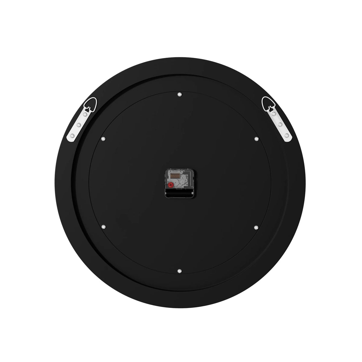 A black, circular Modern Luxury Roman Numerals Wall Clock featuring a central digital display and two labeled buttons on opposite sides, shown against a white background.