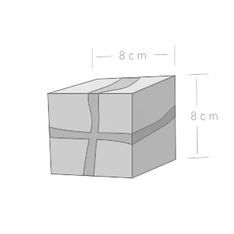 Illustration of a modern Wood Cube Wall Light showcasing a gray, cracked cube design, with dimensions labeled as 8 cm by 8 cm.