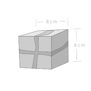 Illustration of a modern Wood Cube Wall Light showcasing a gray, cracked cube design, with dimensions labeled as 8 cm by 8 cm.