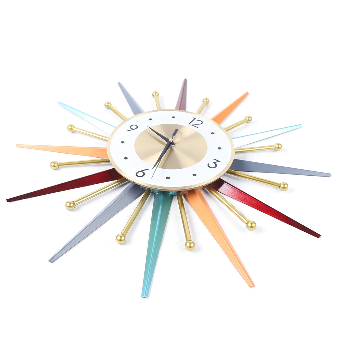The Sunburst Wall Clock features a gold face, vibrant spikes with gold spheres, black hour and minute hands, and a white ring with black numerals—an eye-catching piece that adds atomic age charm to any space.