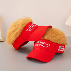 Two Visor Cap - Make America Great Again hats in red, featuring bold text, American flag patches, and synthetic blond hair—fun patriotic headwear for lively conversation at any event.