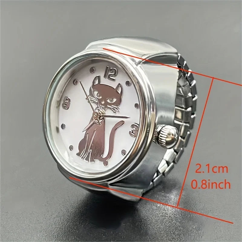 The Cat Ring Watch combines feline elegance with a unique design, featuring a silver band and a charming cat motif on its 2.1 cm (0.8 inch) watch face.