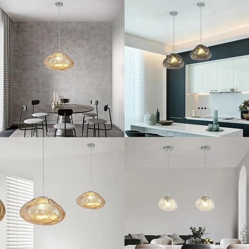 Collage of four interiors featuring sculptural Luxe Cloud Glass Pendant Lights with irregular, textured glass above dining and living areas.