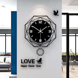 The wall displays a Minimalist Polygon Wall Clock with a geometric design and black and white numerals, enhanced by decorative elements like birds and the words "LOVE Happy Home Time," perfectly complementing the minimalist décor.