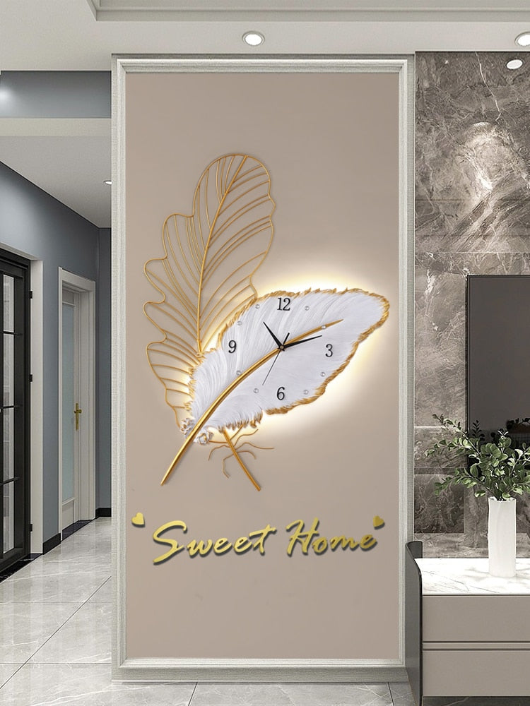 wall clock light | wall clock that lights up at night | oversized illuminated wall clock | illuminated wall clock | feather light fixture | feather art | feather art | metal feather wall decor | feather wall light | large metal feather wall art | 3 piece feather wall art | feather wall sconce