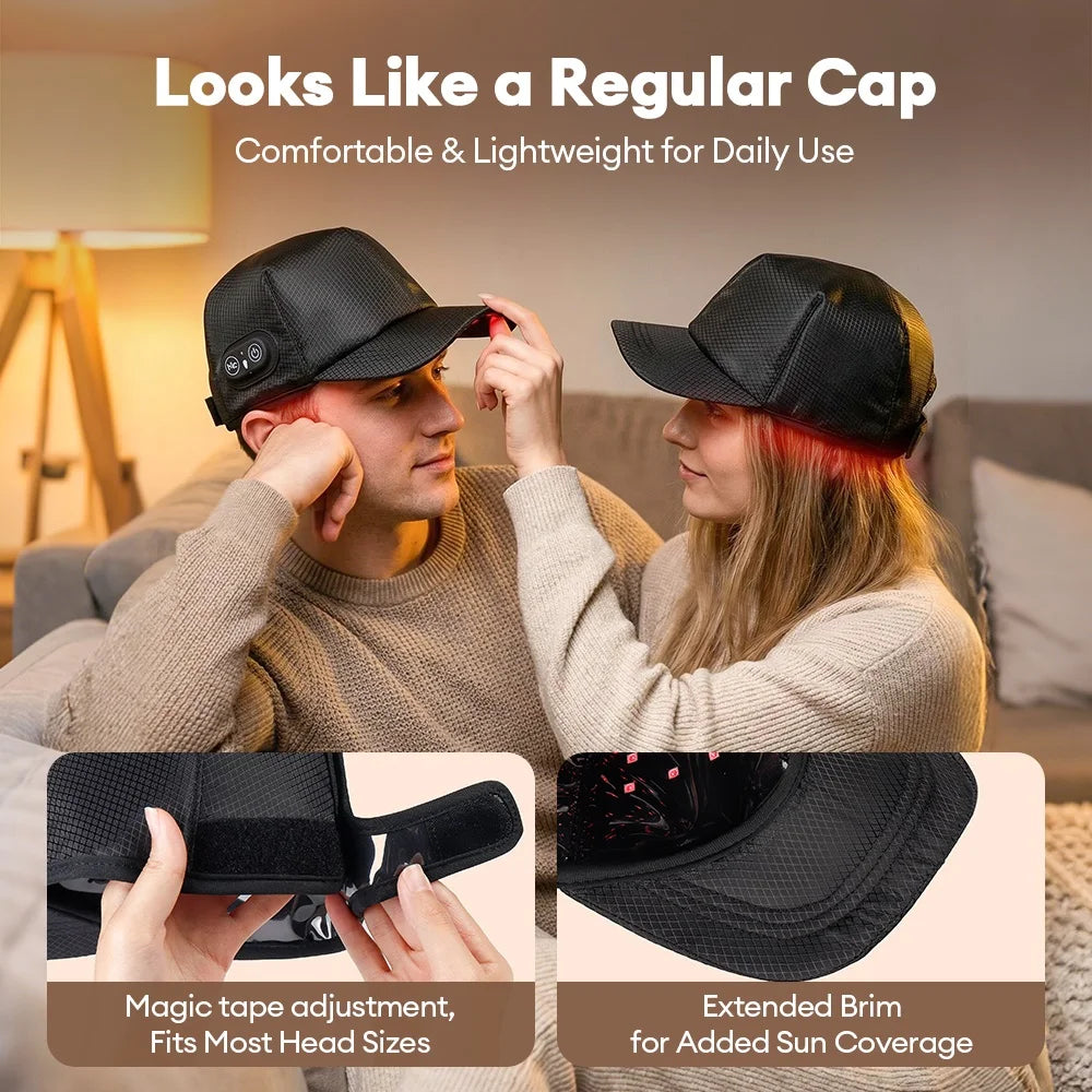 Couple wearing heated cap for hair growth on a sofa; cap looks like a regular black baseball cap with red light under the brim and adjustable strap.