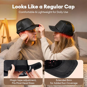 Couple wearing heated cap for hair growth on a sofa; cap looks like a regular black baseball cap with red light under the brim and adjustable strap.