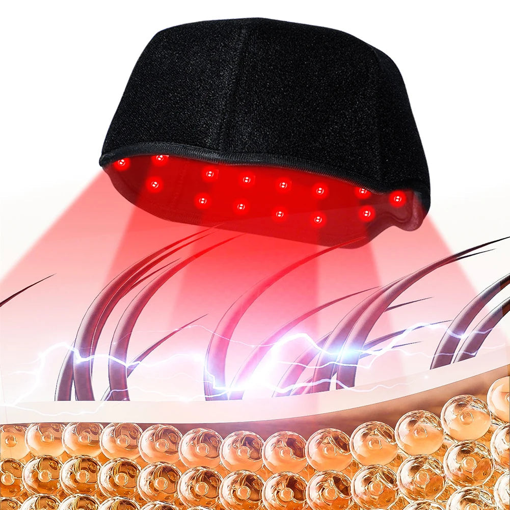 MEETCARE red light therapy cap emitting red light onto scalp hair follicles to stimulate circulation and support fuller-looking hair growth.