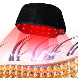 MEETCARE red light therapy cap emitting red light onto scalp hair follicles to stimulate circulation and support fuller-looking hair growth.