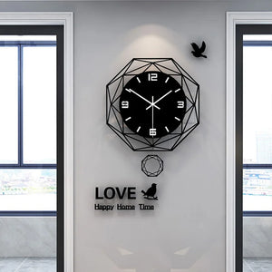 The white wall is adorned with a Minimalist Polygon Wall Clock and a decorative bird featuring the words "LOVE," "Happy," "Home," and "Time." This modern decor complements the light streaming through nearby windows.