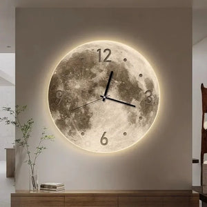 The Moon Wall Clock, with glow-in-the-dark lunar texture and illuminated edges, elegantly displays time in a modern room.