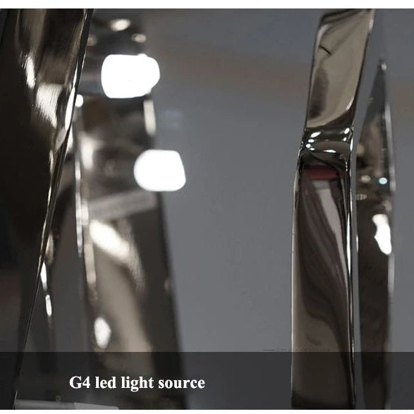 Close-up of a reflective metallic surface with two bright G4 LED sources glowing in the background. Text at bottom reads: "Elegant Industrial Gallery Pendant." Ideal for sculptural or modern LED pendant light designs.