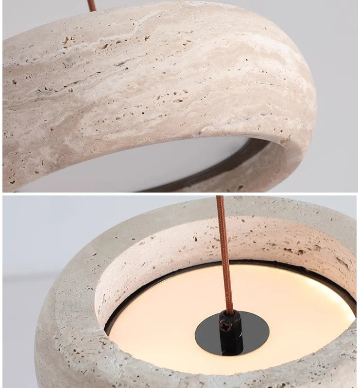 Close-up views of the Natural Stone Pendant Light reveal textured stone details and a softly glowing inner surface, highlighting its natural beauty.