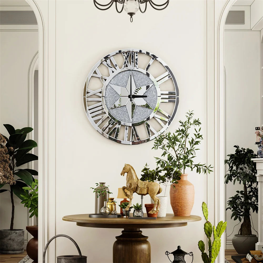 The Astral Chic Roman Wall Clock hangs above a table adorned with potted plants, a gold horse statue, and small jars in an elegant, well-lit room.