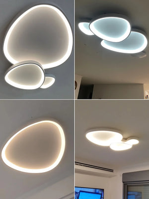 Four images show the Nordic Minimalist Ceiling Light featuring organic, rounded shapes and soft illumination on a white ceiling. Enjoy dimmable brightness to suit every mood and ambiance.