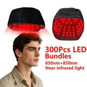 Red light therapy cap for hair growth on a man in profile with 300 LED bundles, 650nm red and 850nm near-infrared light, plus interior LED panel view.