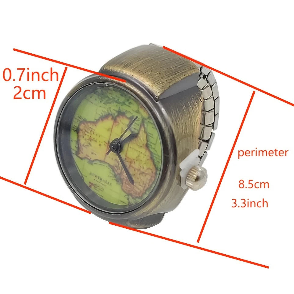 The Retro Aussie Ring Watch is a small, round, retro Australian timepiece with a world map face, metal band, and dimensions of 0.7 inch (2 cm) width and 8.5 cm (3.3 inch) perimeter.