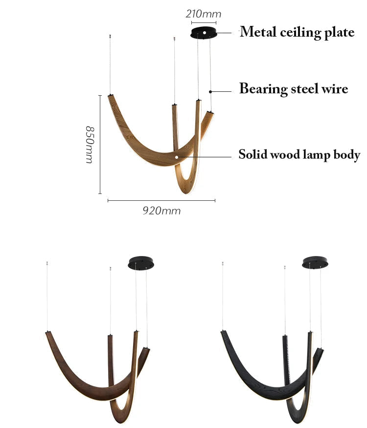 The Double Curve Wood Pendant Light features a solid wood lamp body, handcrafted wooden details, bearing steel wire, and a metal ceiling plate. Dimensions: 920mm wide and 850mm high. Includes diagrams and images of this modern pendant light.