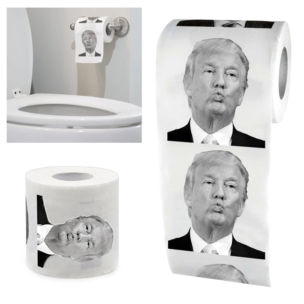 Trump Toilet Paper features repeated black-and-white prints of Trump's puckered-face expression, ideal for satire fans. Shown on a holder near a toilet and as individual rolls.