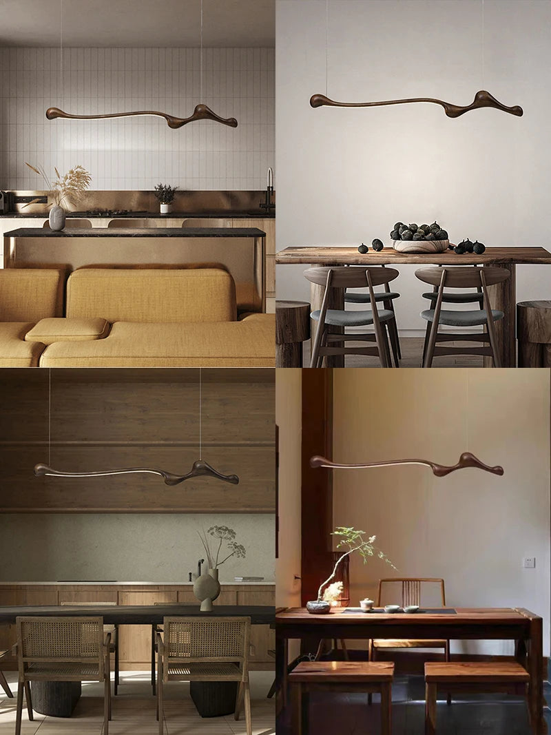 Four interior spaces each showcase the Tideform Biomorphic Pendant Light—a sculptural, organic-shaped ash wood LED fixture—suspended above dining or seating areas with minimalist Nordic-inspired decor.