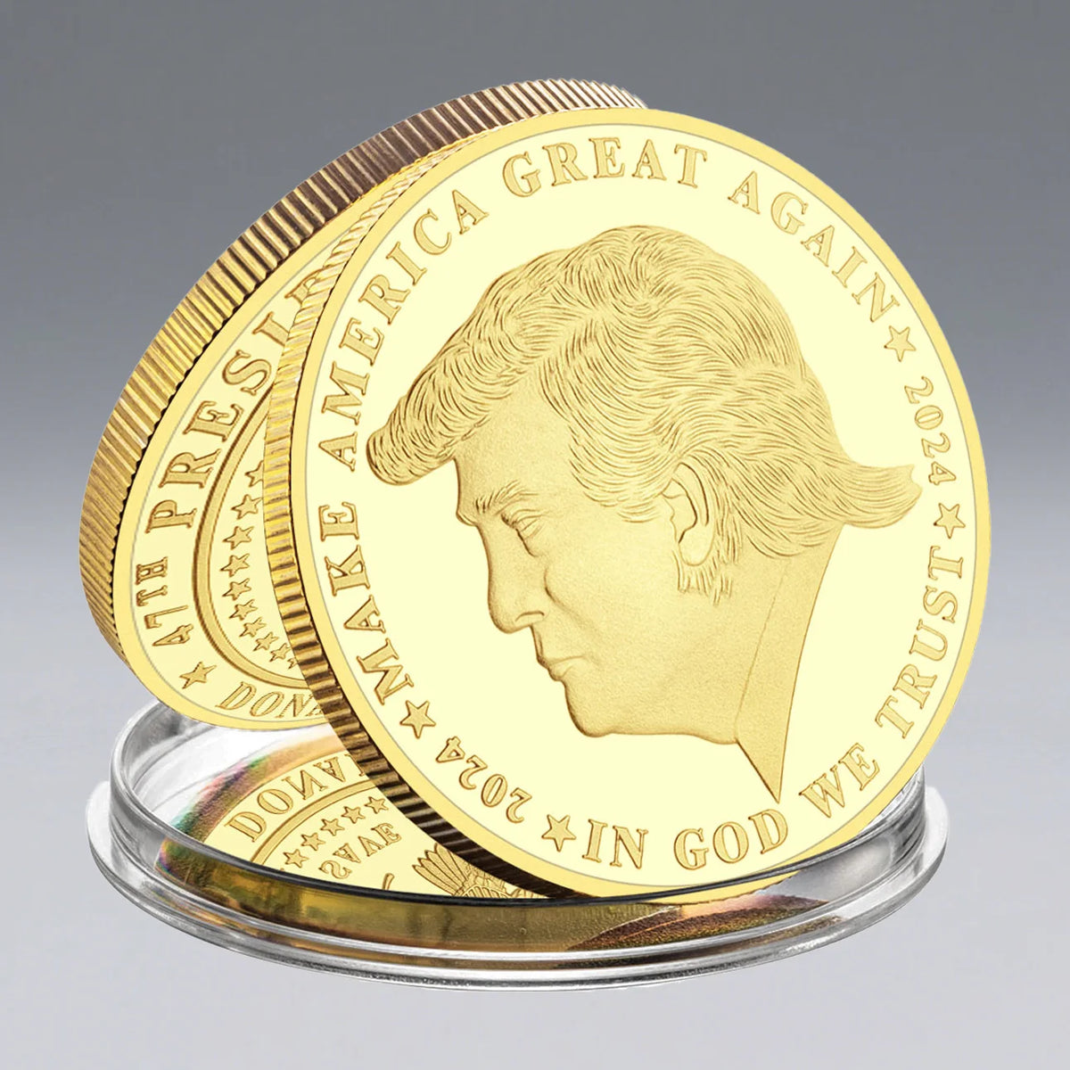 The Trump Commemorative Coin set includes three gold coins featuring Donald Trump's profile and inscriptions such as “MAKE AMERICA GREAT AGAIN,” “2024,” and “IN GOD WE TRUST”—the ideal Trump 2024 collectible.