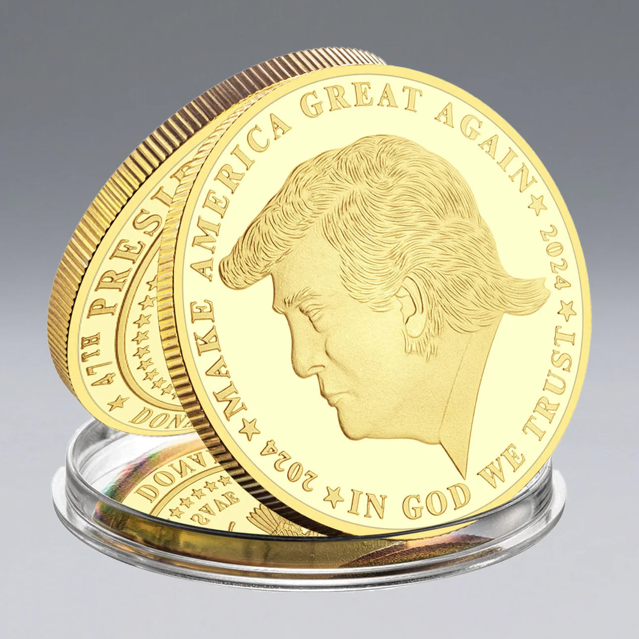 The Trump Commemorative Coin set includes three gold coins featuring Donald Trump's profile and inscriptions such as “MAKE AMERICA GREAT AGAIN,” “2024,” and “IN GOD WE TRUST”—the ideal Trump 2024 collectible.