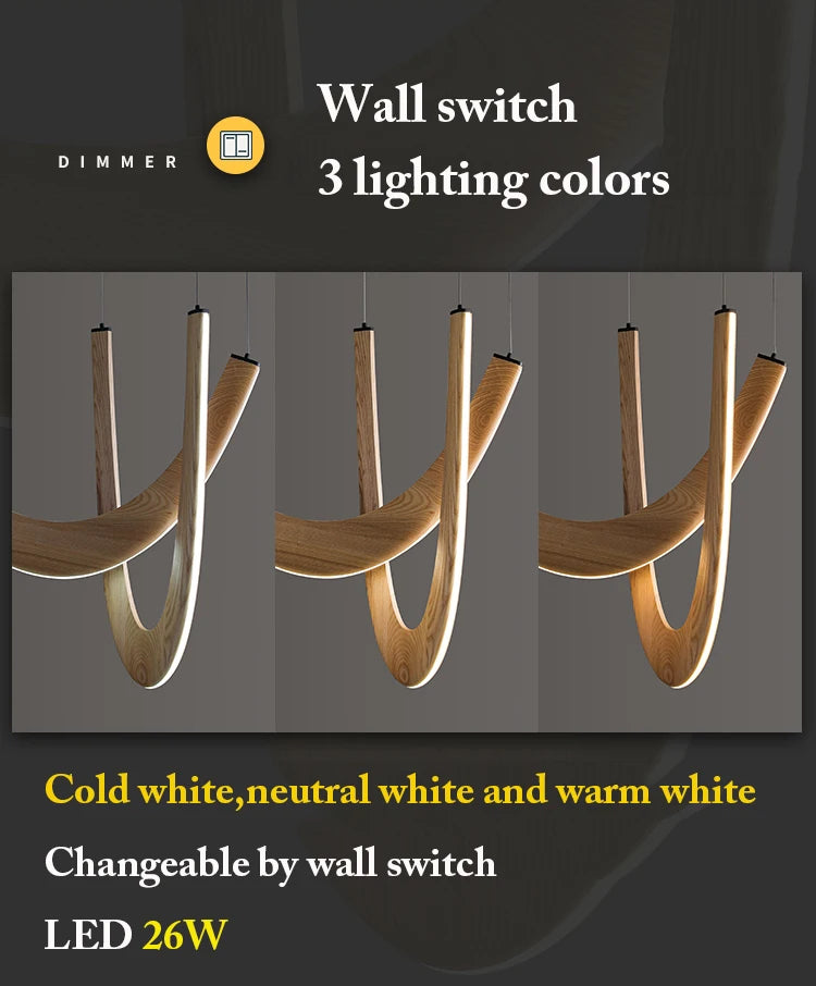 The Double Curve Wood Pendant Light offers cold white, neutral white, and warm white LED options switchable by wall switch. This handcrafted wood fixture adds a modern style to any space.