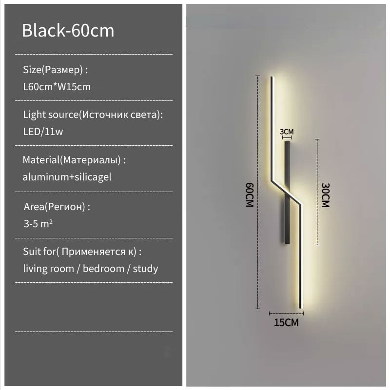 Minimalist Wall Sconce: This black LED wall light (60cm x 15cm, 11W) combines aluminum and silicone for stylish decor. Perfect for lighting 3-5 m² spaces such as living rooms, bedrooms, or studies.