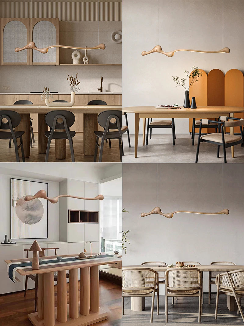 Four modern dining rooms each feature a Tideform Biomorphic Pendant Light—a striking wavy ash wood fixture—serving as the elegant Nordic minimalist focal point above the tables.