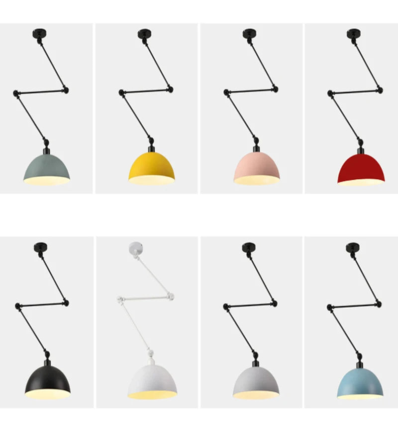 The Zig Zag Pendant Light set includes eight dome pendant lights with adjustable arms, available in green, yellow, pink, red, black, and white. These industrial design fixtures are artfully arranged in two rows against a white background.
