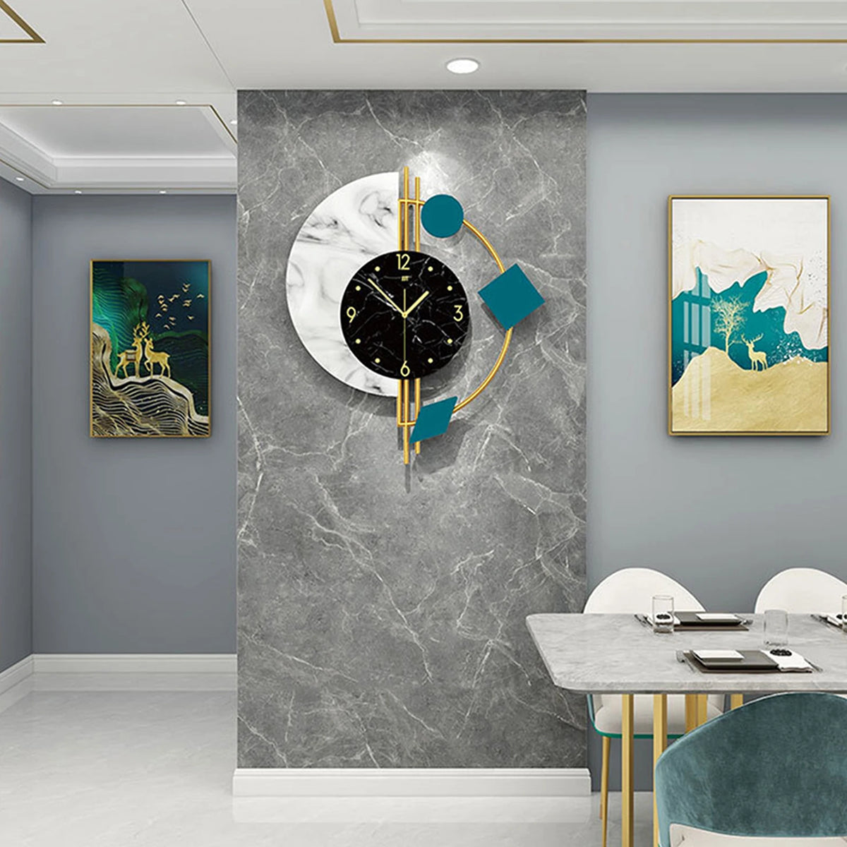 Modern dining area featuring a marble table, Modernist Constellation Accent Clock on a gray marble accent wall, and abstract art pieces on nearby walls.