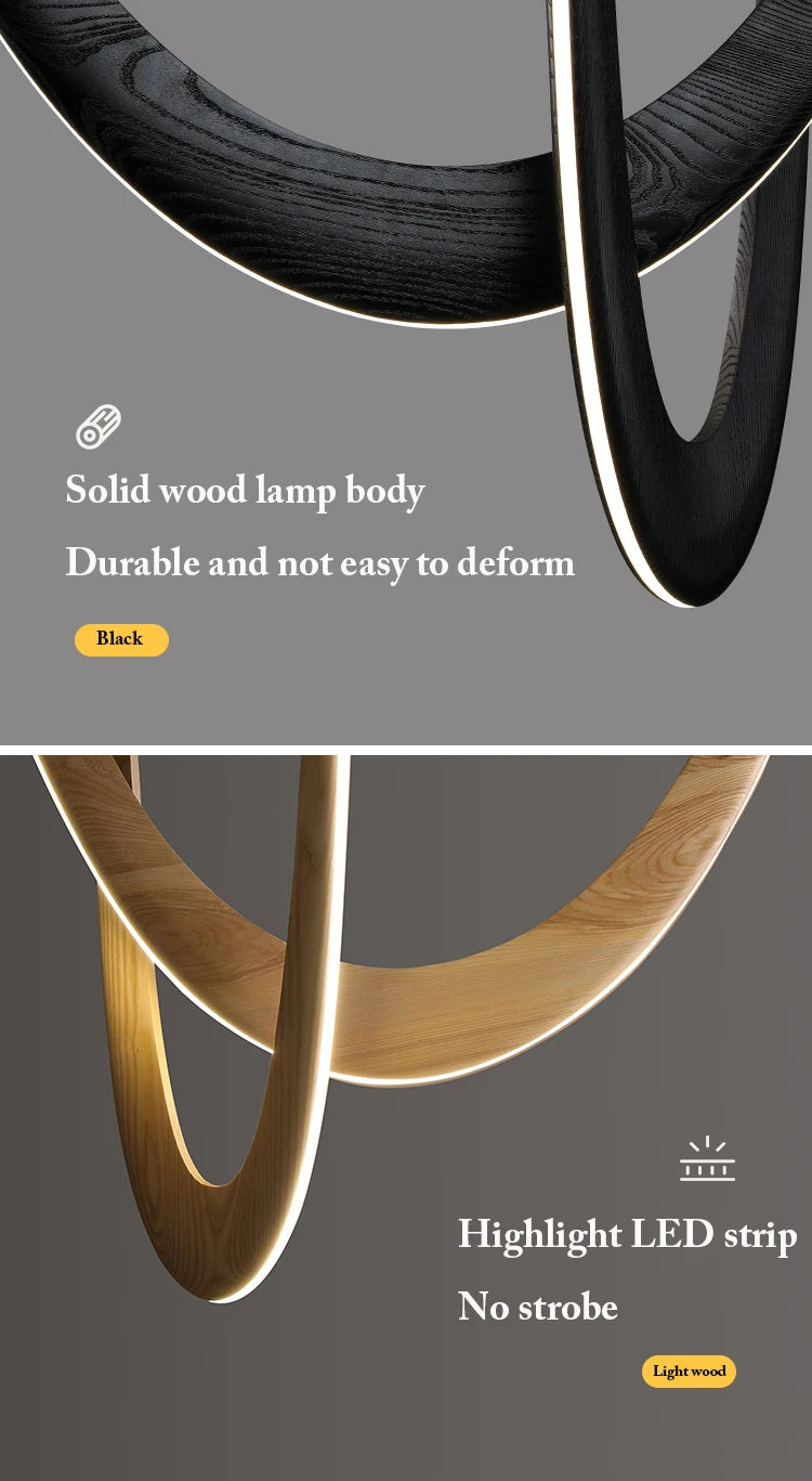 Two images display the Double Curve Wood Pendant Light in black and light wood finishes, featuring handcrafted durability, LED strips, and a modern circular pendant design.