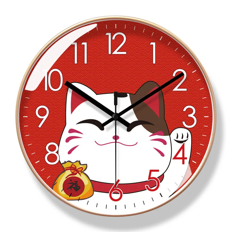 The Cartoon Cat Wall Clock has a round design, red background, smiling maneki-neko illustration, black hour and minute hands, and a gold bag with a red symbol—ideal as lucky charm decor.