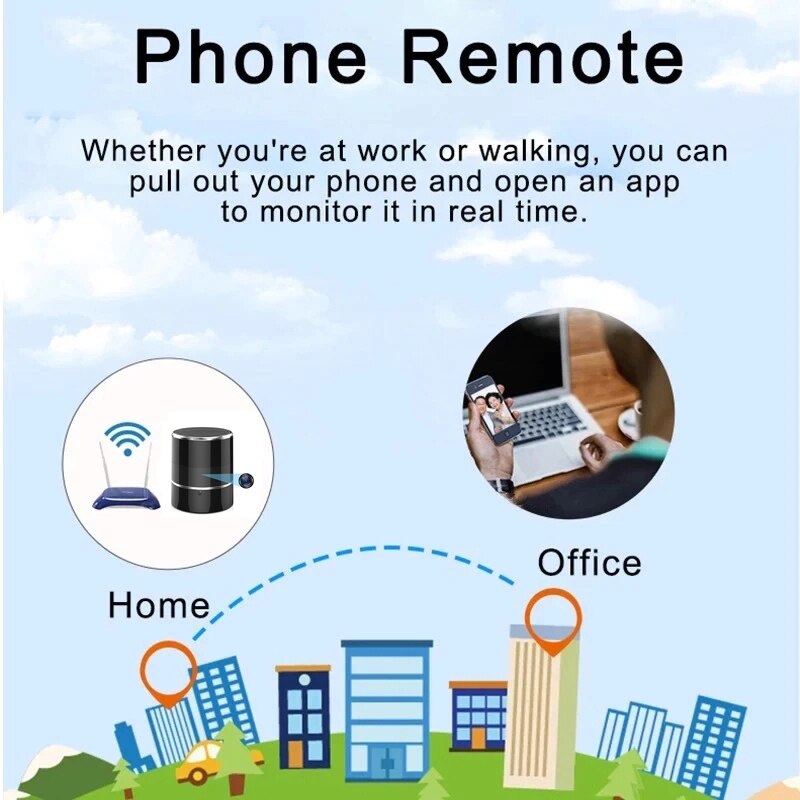 Illustration shows phone remote monitoring from home or office, with icons of a server, router, and laptop user. Text highlights real-time app monitoring using the SpyCam WiFi Bluetooth Speaker hidden Full HD 1080 camera.