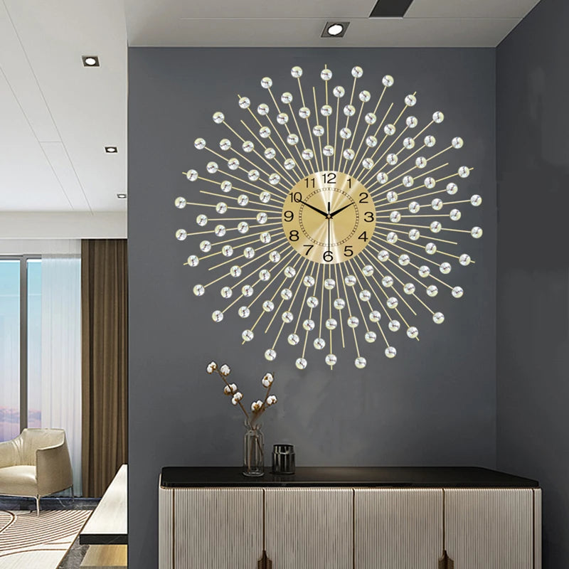 The Lux Radiance Starburst Wall Clock is mounted above a sideboard with decorative vases, creating a striking focal point in this modern living room.