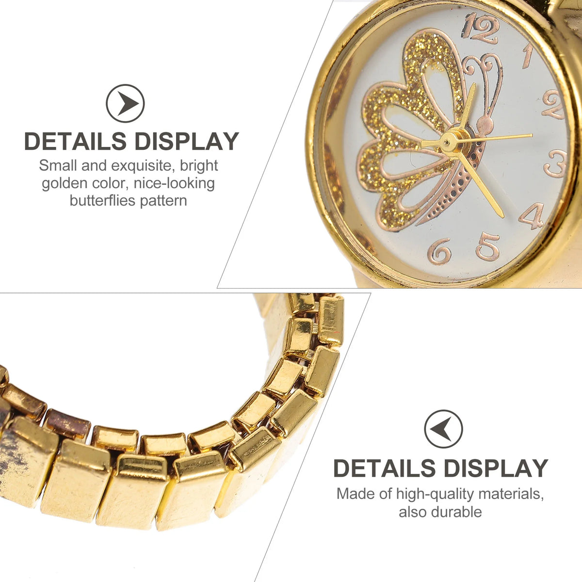 Close-up of the Butterfly Ring Watch, featuring a gold butterfly motif on the dial and a gold-link strap, showcasing its elegant jewelry-inspired design and quality materials.