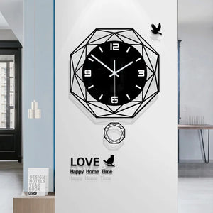 Minimalist Polygon Wall Clock features a geometric frame with bird accents on a white wall. Below, the text "LOVE" and a small bird silhouette complete this ideal minimalist decor piece.