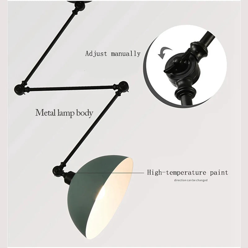 Diagram of the Zig Zag Pendant Light, an industrial metal lamp with a manually adjustable arm system, metal body, and high-temp paint finish.