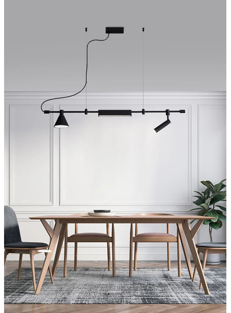 Modern dining area featuring a wooden table and chairs, a patterned rug, and Modern Track Lighting set against a paneled white wall.