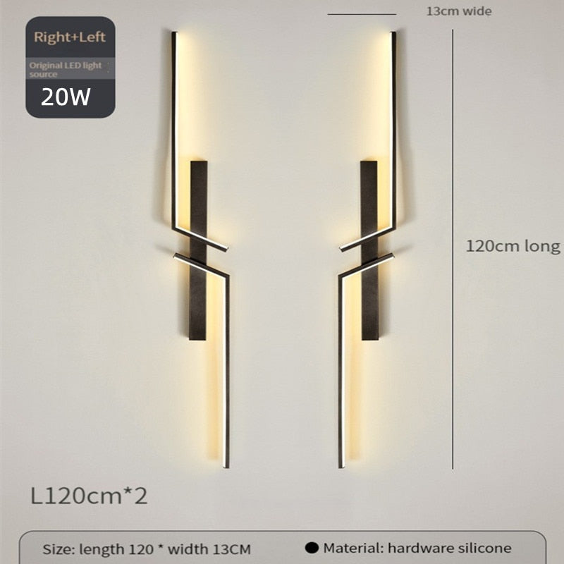 Two Minimalist Wall Sconce lights with black linear hardware are mounted side by side on a beige wall; each modern LED fixture measures 120 cm long and 13 cm wide.